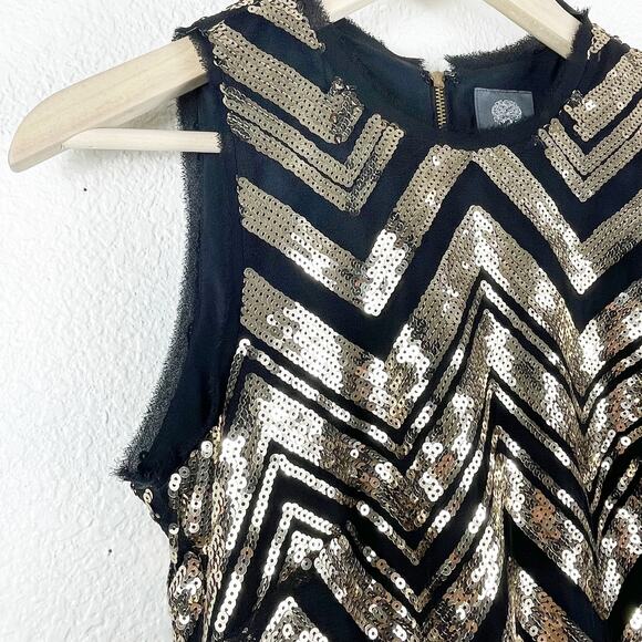 Vince Camuto Black Gold Sequin Dress Chevron Sleeveless Lined Fringe Hem Gatsby - Picture 5 of 12
